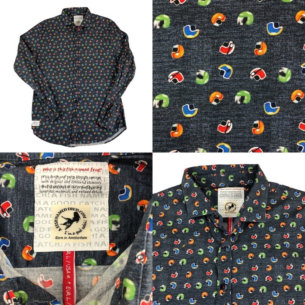 A Fish Named Fred Motorcycle Moped Helmet‎ Print Design Dress Shirt Mens Medium